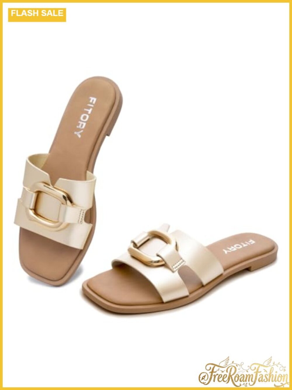 FITORY Womens Slide Sandals Square Open Toe PU Chain Flat Summer